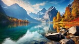 Vivid Autumn Morning at Vorderer (Gosausee) Lake: A Picturesque View of the Austrian Alps in Upper Austria, Europe