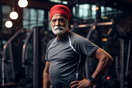 Portrait of a satisfied indian elderly 100 years old man sporting a trendy beanie against a dynamic fitness gym background. AI Generation © Markus Schröder