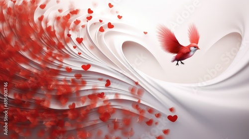 an unearthly bird flies with its wings fully spread. A splash of red heart-shaped petals surrounds the bird, symbolizing peace and love. the mood of the image is romantic and serene.