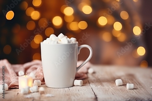  a cup of hot chocolate with marshmallows on a wooden table in front of a christmas tree and a lite - up christmas tree in the background.