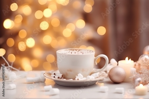  a cup of coffee on a saucer with marshmallows on a table in front of a christmas tree with a lite up lights in the background.