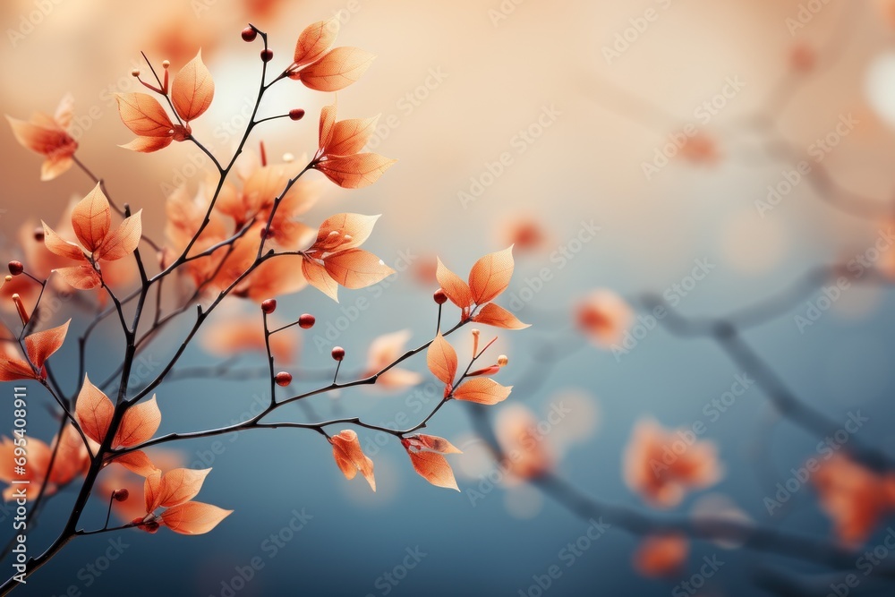 a close up of a tree branch with orange flowers in the foreground and a blue sky in the background with a blurry light from the top of the branches. a close up of a tree branch with orange flowers in the foreground and a blue sky in the background with a blurry light from the top of the branches.