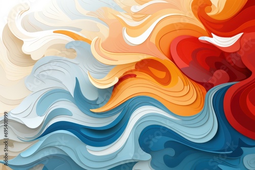  a close up of an abstract painting with wavy lines and colors of red, orange, blue, yellow and white on a white background with a wavy wave pattern.