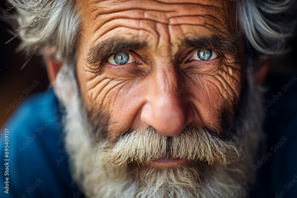 Close portrait of an old man with blue eyes and gray beard Close portrait of an old man with blue eyes and gray beard