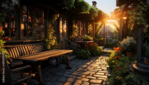 Sunset in the garden with wooden bench and tables. Panorama