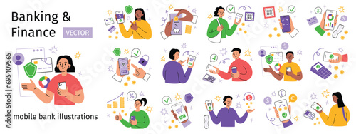 Banking and finance scenes set, online payment and bank account compositions, people using mobile bank, vector illustrations of deposit, online cashback service, cashless payment, digital wallet