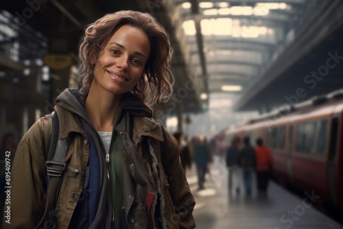 Portrait of a blissful woman in her 40s wearing a rugged jean vest against a bustling city subway background. AI Generation