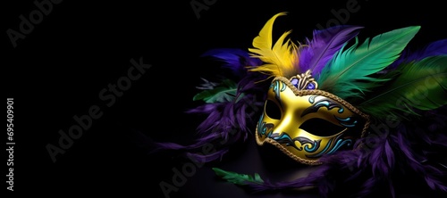 Midnight Allure: Capture attention with a stunning feathered Venice mask, set against a black canvas, creating a perfect backdrop for your promotional text or advertisement. Generated AI © ActionGP
