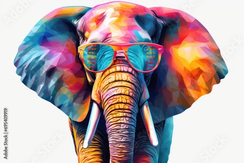  an elephant with sunglasses on it's head and its trunk is painted in multi - colored geometric shapes and has its trunk up to the side of the elephant's head with its trunk. photo