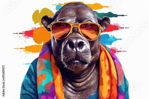  a dog with sunglasses and a scarf around it's neck is looking at the camera while wearing a colorful shirt and a scarf around his neck is looking at the camera. © Nadia