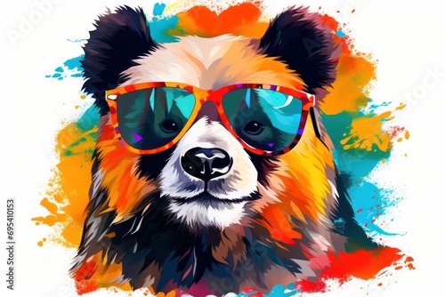  a painting of a dog wearing sunglasses with a splash of paint on the back of it's face and a splash of paint on the side of its face.