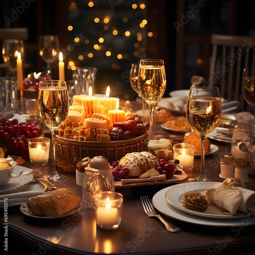 Festive table setting for Christmas or New Year dinner in the evening