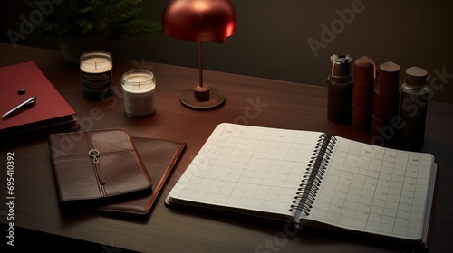 A classy leather-bound planner open to a monthly calendar, surrounded by stylish desk accessories