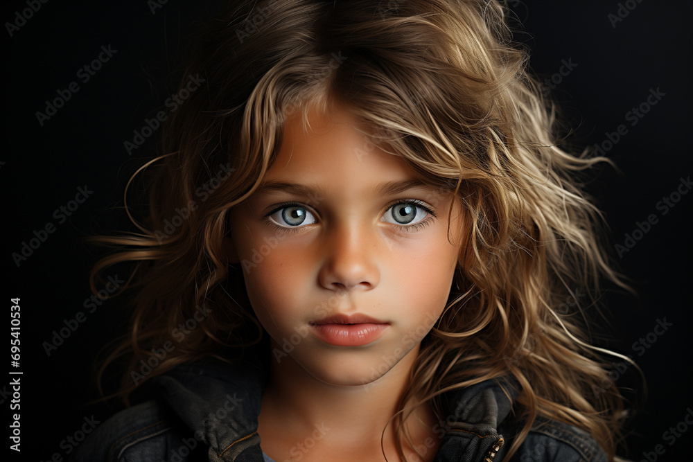 Portrait of a Young Girl with Striking Blue Eyes and Wavy Hair Portrait of a Young Girl with Striking Blue Eyes and Wavy Hair
