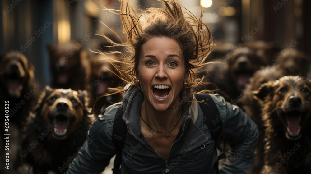 Excited Woman Running with a Pack of Joyful Dogs on City Street Excited Woman Running with a Pack of Joyful Dogs on City Street