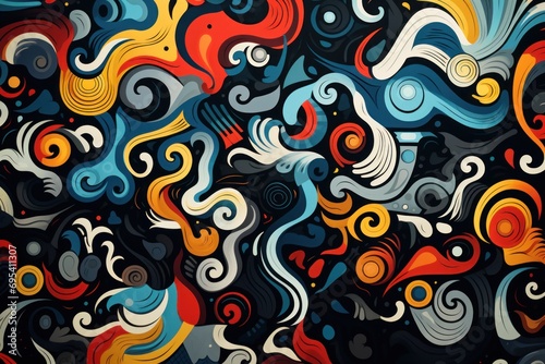  a very colorful abstract background with swirls and dots on a black background with red, yellow, blue, orange, and white swirls on a black background.