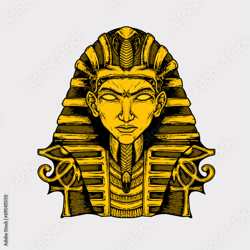 Hand drawn vintage king Tutankhamun. artwork ancient Egyptian pharaoh vector illustration