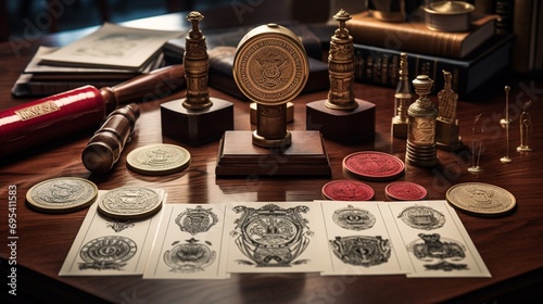 A collection of legal seals and stamps arranged meticulously on a desk, each bearing the distinct insignia of authority and authenticity in legal documentation