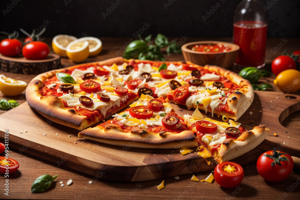 Delicious Cheesy Pepperoni Pizza on wooden board