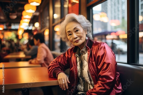 Portrait of a content asian woman in her 80s wearing a trendy bomber jacket against a bustling restaurant background. AI Generation
