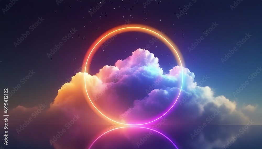 3d render, abstract cloud illuminated with neon light ring on dark night sky. Glowing geometric shape, round frame - obrazy, fototapety, plakaty 