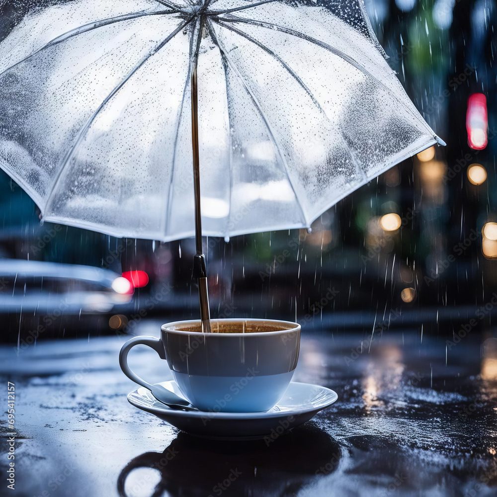 Cup of coffee under an umbrella.