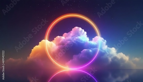3d render, abstract cloud illuminated with neon light ring on dark night sky. Glowing geometric shape, round frame photo