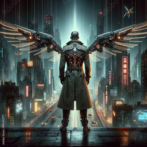 A cybernetic detective with retracting wings in a futuristic noir city.