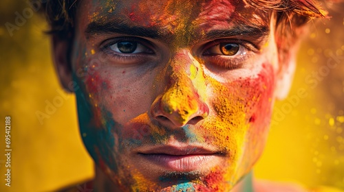 A close-up of a Holi festivalgoer's face, covered in a spectrum of colors, conveying the individuality and collective spirit of the event