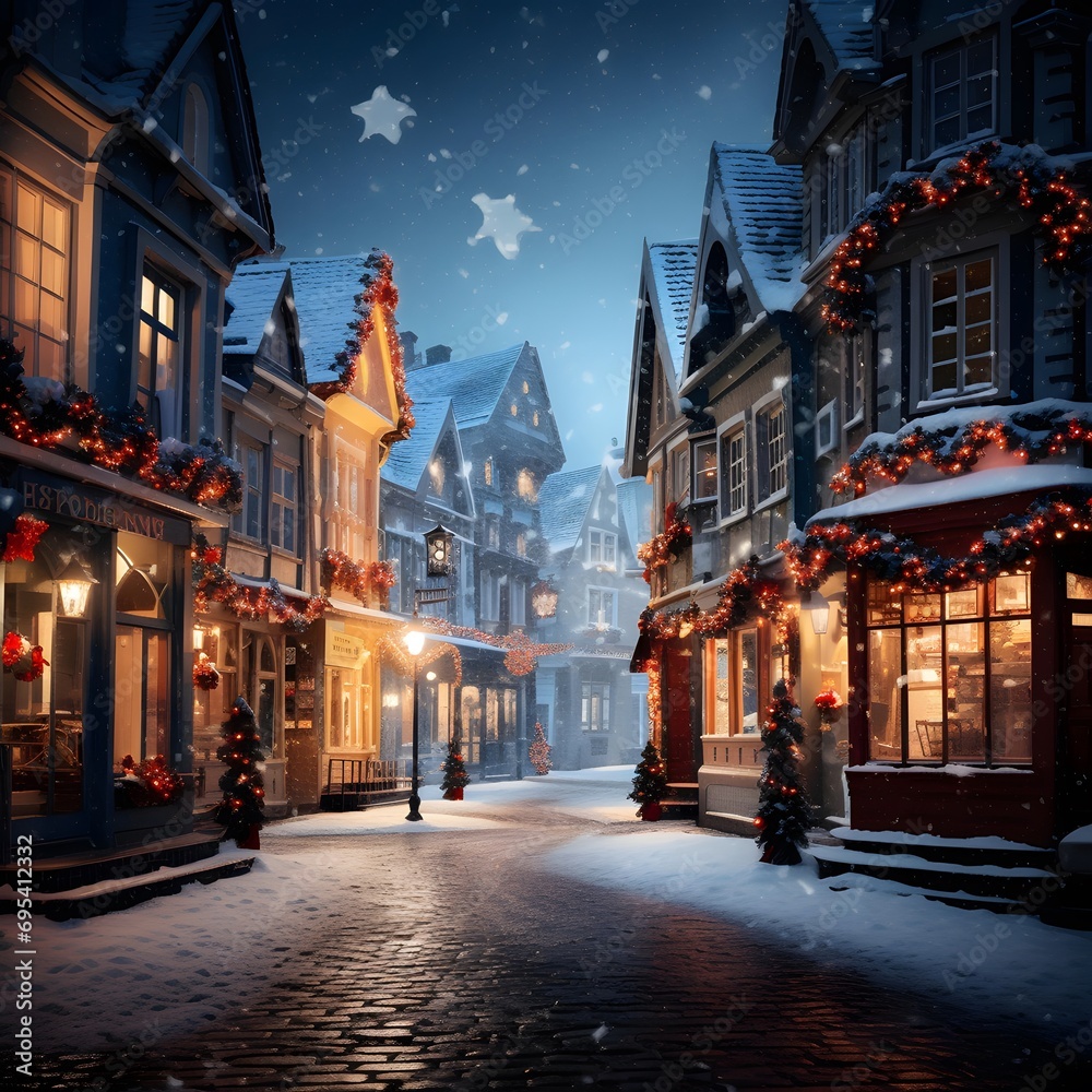 Winter street in old town of Bruges at night, Belgium