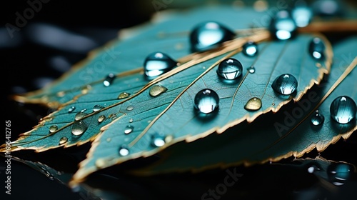  a close up of a green leaf with drops of water on it's leaf leaves are reflected in the water droplets on the leaves and on the top of the leaves.