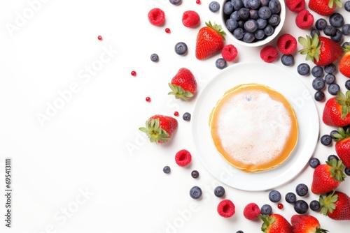  a white plate topped with a bowl of fruit next to a bowl of strawberries and a bowl of blueberries and a bowl of strawberries on a white background.