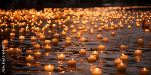 A Diwali reflection in a calm lake candles and diyas floating on the water's surface