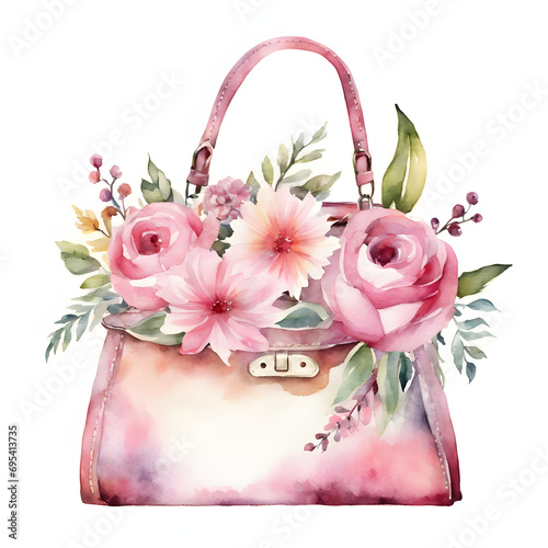 women's handbag pink decorated with flowers, watercolor drawing isolated on white photo