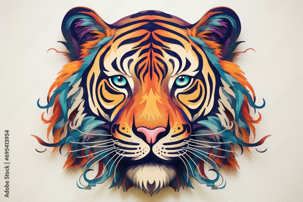  a painting of a tiger's face with blue eyes and orange, blue, and green feathers on it's head, on a white background with a white wall.