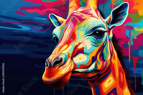  a close up of a giraffe s face with colorful paint splatters on the back of it s face and a blue background of water.