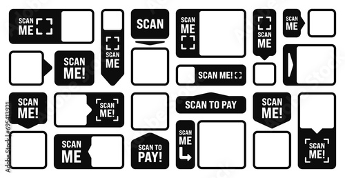 Scan me blank sticker. Online payment. Special offer sale stickers, shopping discount label or promotional badge. Serial number, product ID. Supermarket retail label, price tag. Vector illustration
