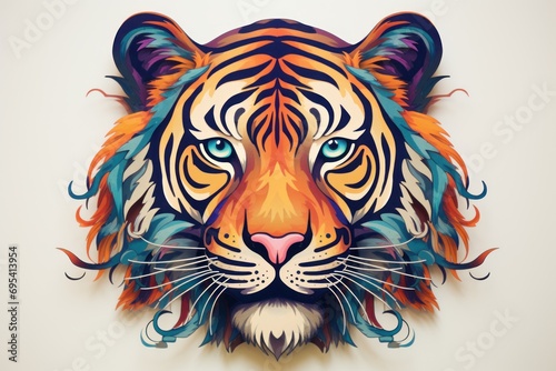  a painting of a tiger's face with blue eyes and orange, blue, and green feathers on it's head, on a white background with a white wall. © Nadia