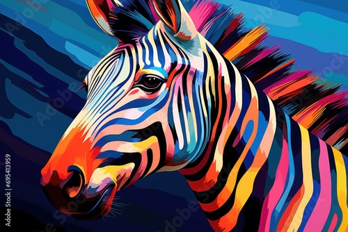  a close up of a zebra s face with multicolored stripes on it s body and head  with a blue background of blue  yellow  red  orange  yellow  pink  and purple  and black  and white.