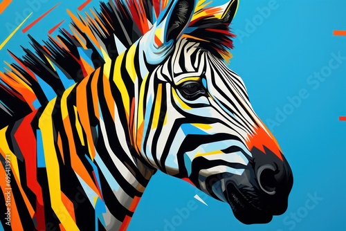  a close up of a zebra s head with multicolored stripes on it s body and a blue background with orange  white  yellow  red  black  and orange  and black stripes.