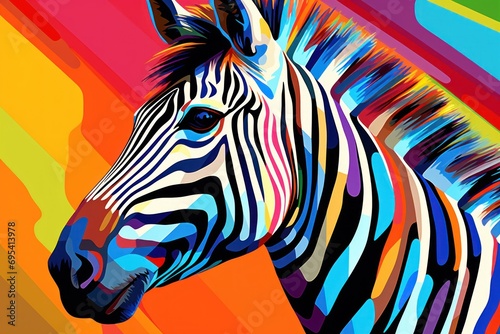  a multicolored zebra standing in front of a multicolored background with a red  yellow  blue  green  pink  orange  and black stripe.
