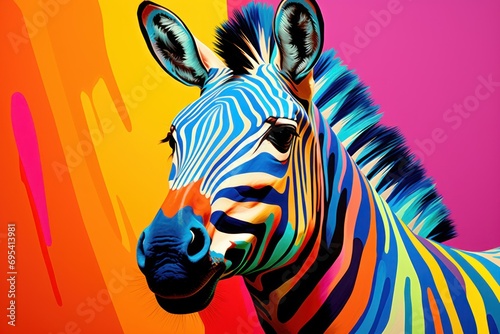  a colorful painting of a zebra standing in front of a pink and orange background with a pink wall in the background and a pink and yellow wall in the foreground.