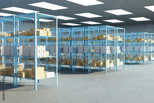Cardboard boxes on warehouse shelves. 3d image photo