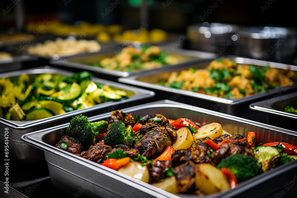 close up of a catering buffet with vegetable and meat dishes for a party, festive, row of food trays, wedding reception