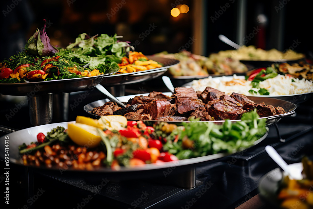 close up of a catering buffet with vegetable and meat dishes for a party, festive, row of food trays, wedding reception