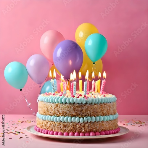 Birthday cake with burning candles and balloons