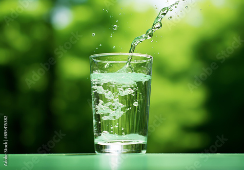Glass of water isolated on background with green leaves. AI generated