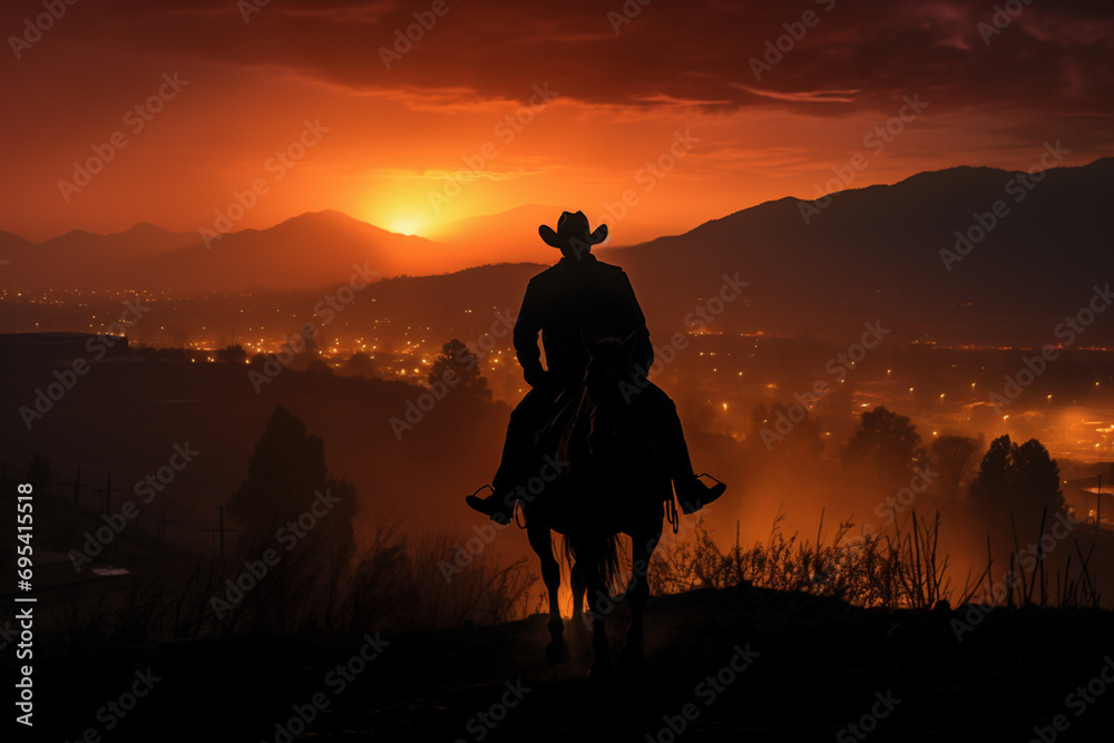 Stylized, simplistic depiction of a cowboy riding at dusk.