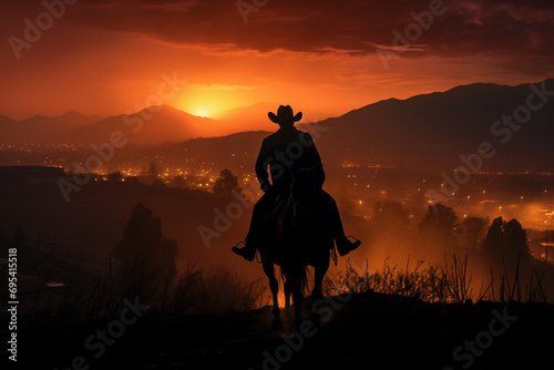 Stylized  simplistic depiction of a cowboy riding at dusk.