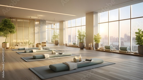 Modern yoga room interior with panoramic windows. 3d rendering © Iman
